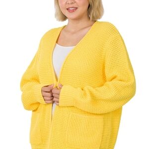 Zenana Outfitters Women's Sunny Yellow Waffle Open Front Sweater 2X